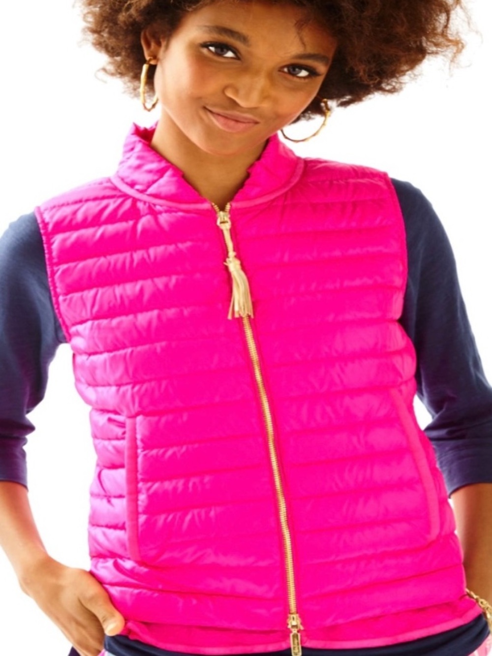 NWOT Lilly Pulitzer FUCHSIA PINK Quilted Puffer CORA Down Vest Gold Tassel Zip